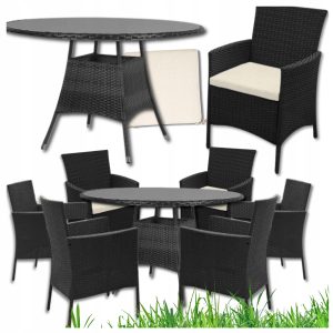 Zestaw Mebli Ogrodowych TECHNORATTAN Stół + 6 Foteli + Poduszki CZARNY 13el
